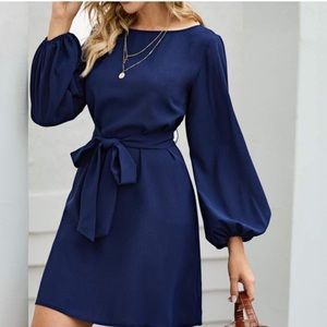 Navy Blue lantern long sleeve mini dress Minimalist Work